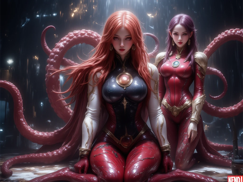 {2 women
 Alone or heroine、Another enemy
"heroine_design": {
    "appearance": "A slender woman with beautiful legs who looks to be in her 20s",
    "hair": "Bright orange 、ponytail in a high position、It flows out from under the hair ornament",
    "eyes": "A serious expression that exudes strong determination、Slightly firm mouth",
    "headgear": "white ribbon、Hollow in the center",
    "costume": "A shiny red sleeveless bodysuit-style costume、Golden trim on the white collar-like part、Round hole in the center、Red ribbon-like decoration、Partly burnt",
    "accessories": "White protector-like decorations up to the elbows、Outer arms of the golden decorations、Red gloves with a design that is divided at the knuckles、Shiny red boots up to the thighs、Symmetrical white lines and gold decorations on her knees",
    "weapon": "Broken sword （Drawn on the ground）"
  },
  "heroine_abilities": [
    "Master of Swordsmanship",
    "Lookahead (Predictable movements)",
    "High Speed Movement",
    "high physical ability"
  ],
  "enemy_design": {
    "appearance": "A glamorous and seductive woman who looks to be 45 years old、Exudes an air of mystery",
    "hair": "Voluminous, wavy hair that is a deep, dark reddish purple（ shoulder length、Adjusted to emphasize the mysteriousness）",
    "eyes": "Intelligent but、Eerie and suspicious expression、purple eyeshadow",
    "lips": "Purple Lip",
"clothing": "A shiny black sleeveless mini dress and、Black front、Imagine both a sleeveless mini dress with dark red panels on both sides",
    "accessories": "A large gold hoop earring in her left ear、Several thick gold bangles on one wrist"
  },
  "enemy_abilities": [
    "髪を深く濃い赤紫色のゼリー状の tentaclesに変化させ自在に操る",
    " tentaclesの伸縮自在性",
    "多数の tentacles生成",
    "Gradient change（髪の途中から tentaclesへ）",
    "Excellent elasticity",
    "Regenerative capacity（ tentacles）",
    "Manipulation of cut pieces（ tentacles）",
    " tentaclesを通じて電流を流す",
    "Slow body movement",
    "高速な tentacles動作"
  ],"situation": {
    "setting": "A laboratory in the basement of the enemy's hideout",
    "heroine_state": "Being driven by a wall、両手と両足を敵の操る tentaclesに巻き付けられ宙吊り、fatigue for hands and legs、sweaty on 4 girs、expression of agony、Wriggling his body、Slightly scary、Part of her costume has been scorched by an electric shock",
    "enemy_state": "Relaxed Expression、An eerie smile that seems to be mocking the heroine、追加で tentaclesを巻き付けようとしている、No disturbance in clothing、Excited",
    "environment_details": "Signs of fierce battle surrounding it（Destroyed laboratory equipment、Wall Scratch）、ヒロインが切断したと思われる tentaclesが数本転がっている"
  },
  "image_style": {
    "quality": "high quality",
    "dynamic": "dynamic on the aisle",
    "resolution": "high resolution",
    "clarity": "Super Clear",
    "realism": "realistic"
  }
}