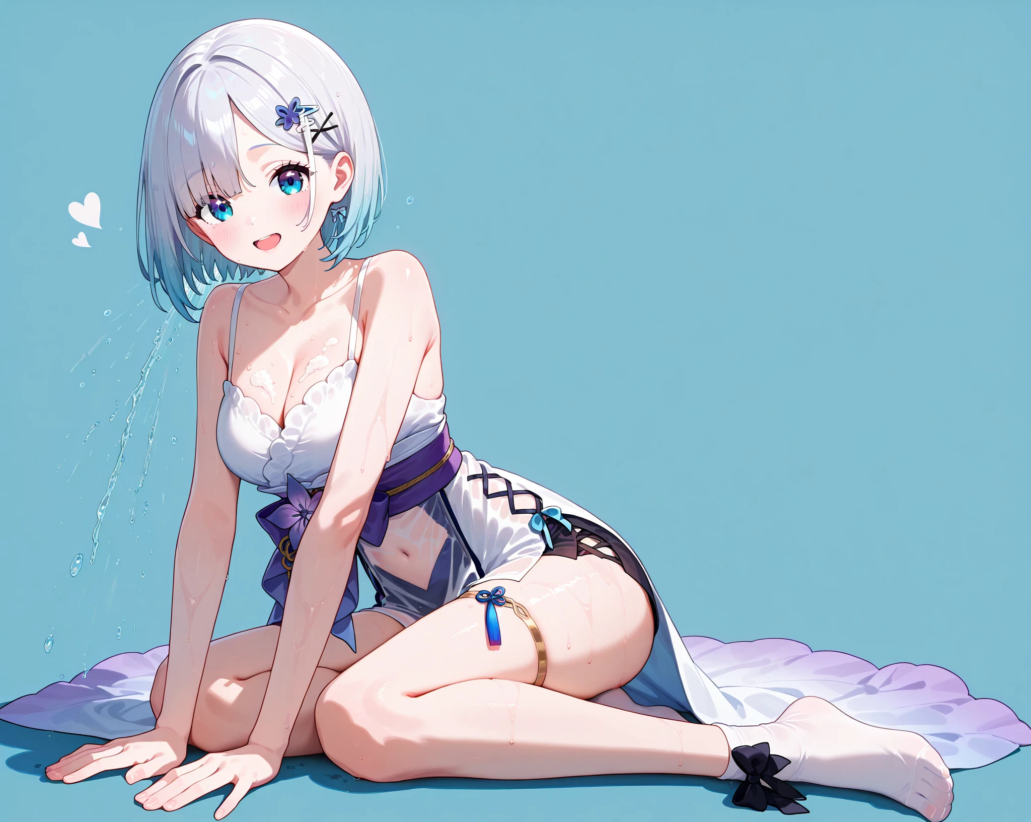 1girl,pale hair,Crevice,Cleavage,sideboob,pallid,pale colors,pale eyes,masterpiece,best quality,very aesthetic,absurdres,blue eyes,nightgown,apart,(Navy blue panties),(lift),(knees up),Black pupil