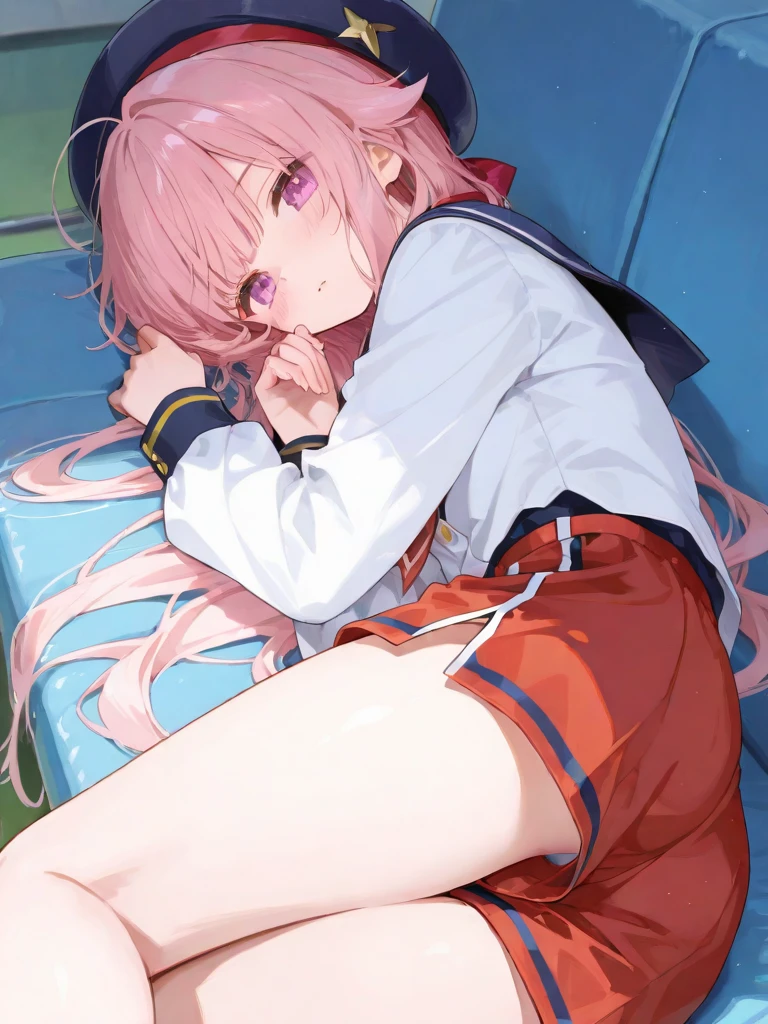 female high-school student,Pink hair,The long-haired,Bare legged,Raise your feet,tmasterpiece,a sailor suit,White and tender skin
