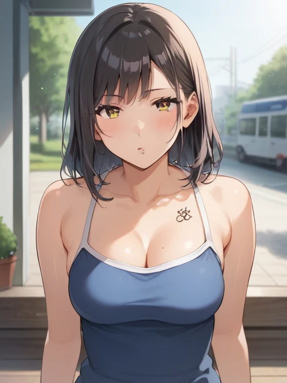 (Highest quality, 8K, 32k, masterpiece, Ultra-high resolution:1.2),Beautiful Japanese Women Photos,Black Short Hair,Facial beauty,(Leaning forward:1.3),squat,(From above:1.2),(close:1.4),throw,,Look at other people,smile, Loose fitting T-shirt,Large Breasts,Beautiful nipple slip,Outdoor,the wind is strong,Shiny skin,Blurred Background