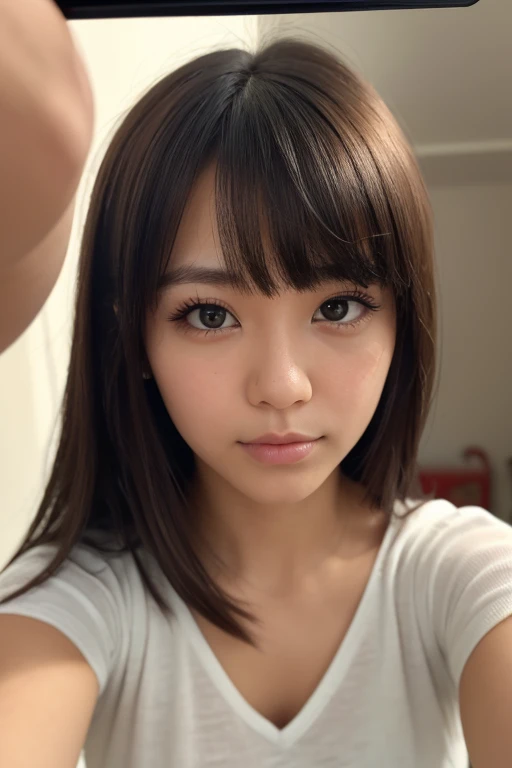 there is a woman that is taking a selfie in the bathroom, without makeup, Chiho, narumi kakinouchi, kimi takemura, yoshitomo nara, Chiho ashima, nanae kawahara, kiyoko suzuki, shiori teshirogi, sui ishida, harumi, ayaka