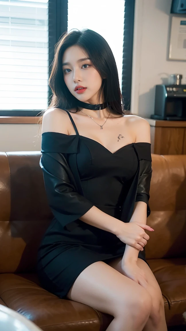 (masterpiece:1.3), (8 thousand, realistic, RAW photos, best quality: 1.4), (1 woman),(sheer silk blouse), (short skirt), (양다리에 짙은색 매우 투명한 realistic 스타킹신고), (Wearing high heels on both feet), (full body shot), (Sitting on a chair), (Beautiful makeover), (very beautiful body) , (Realistic and very beautiful face), (long eyelashes), (double eyelid), (Very beautiful eyes, realistic and delicate), (big bust) , (Strong body through exercise), (beautiful abs), (Beautiful heaps), (tall),  (black hair. parted, long hair:1.3), (아름다운 parted스타일), (realistic and beautiful skin), (ultra high resolution), (very detailed), (golden ratio), (Two long, realistic and beautiful legs), (realistic 팔), (necklace), (earring),(beautiful nails manicure), (So beautiful and sexy)