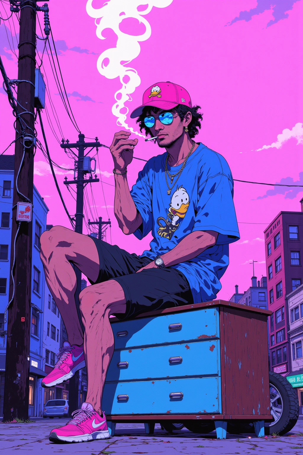 A psychedelic melted artwork of a man with long black hair, with sunglasses, the hair is a bit messy, wearing loose purple and green clothes smoking cigarette in a car in Japan
