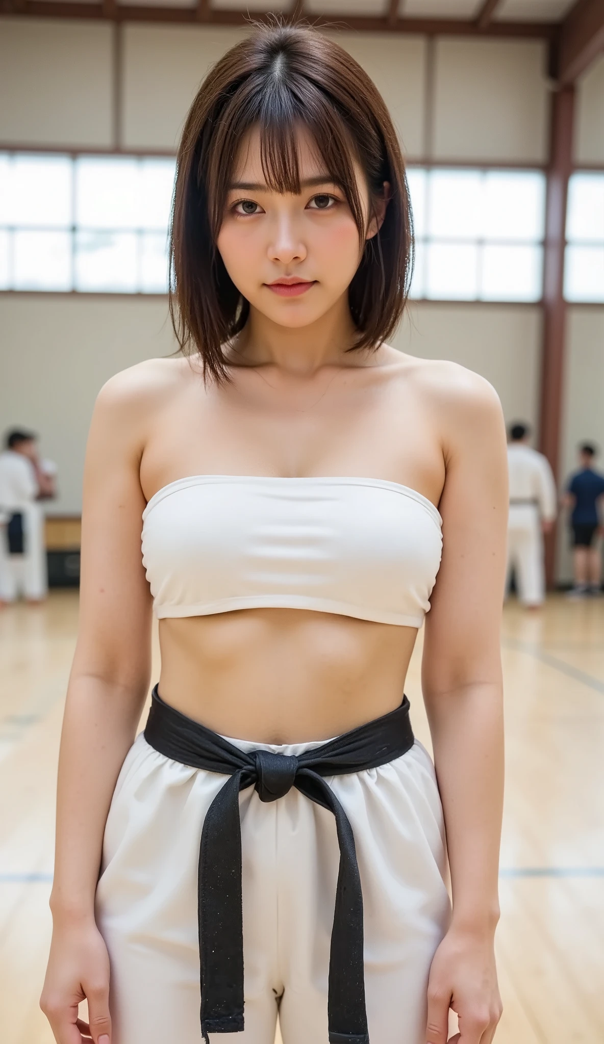 ((Best quality, 8k, masterpiece: 1.3)), (Sharp focus: 1.2), 8k, Very detailed, (Realistic, photorealistic: 1.37), Ultra detailed, Best quality, Realistic, Very delicate and beautiful, RAW photo, One girl, (Beautiful woman with muscular body: 1.4), Cowboy shot, (Standing with arms hanging down), ((Big )), ((Cleavage)), (White judogi with black belt), (Slim stomach: 1.2), ((Big and even eyes: 1.2)), (Sweaty body: 1.1), Highly detailed face and skin texture, Double eyelids, Tanned skin, Short bob, Layered hair, Short and cute hairstyle, Intricate details, Cinematic atmosphere, (((Professional lighting)), Face lighting, Shallow depth of field, Single focus, (((Judo))), ((Black belt)) (muscular and healthy), small head, (beautiful eyes), bare face, full body, Random pose, realistic face, (stylish hairstyle: 1.3), looking at the viewer, (cool Japanese woman)), intelligent, sports, (smile: 1.15), (mouth closed), beautiful eyes, (dojo: 1.3), judo, healthy body,), large judo hall,