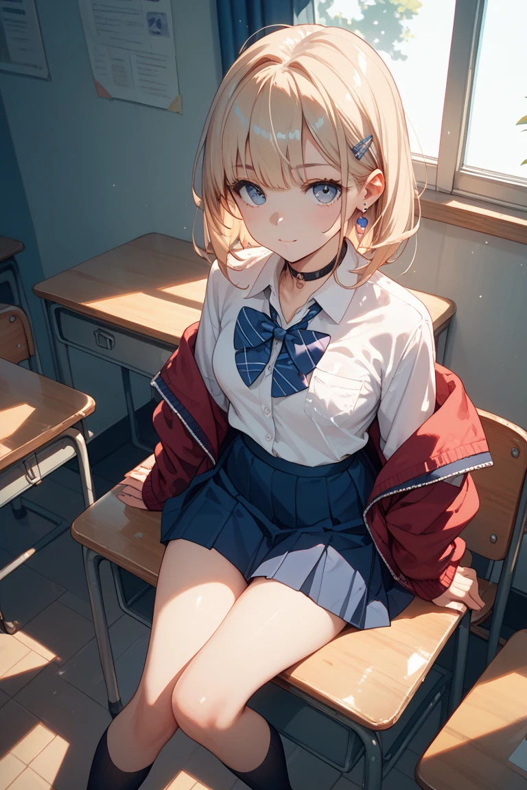 Highest quality,Highest quality,One girl,One boy,(((()))),Flat Chest,orgasm,blush, Sweat, Sakurai Momoka,Blonde,White Sarah Outfit,Navy Blue Skirt, Not a pleated skirt,whole body,classroom, Grey pantyhose、Flipping up a navy blue skirt、Spread your legs