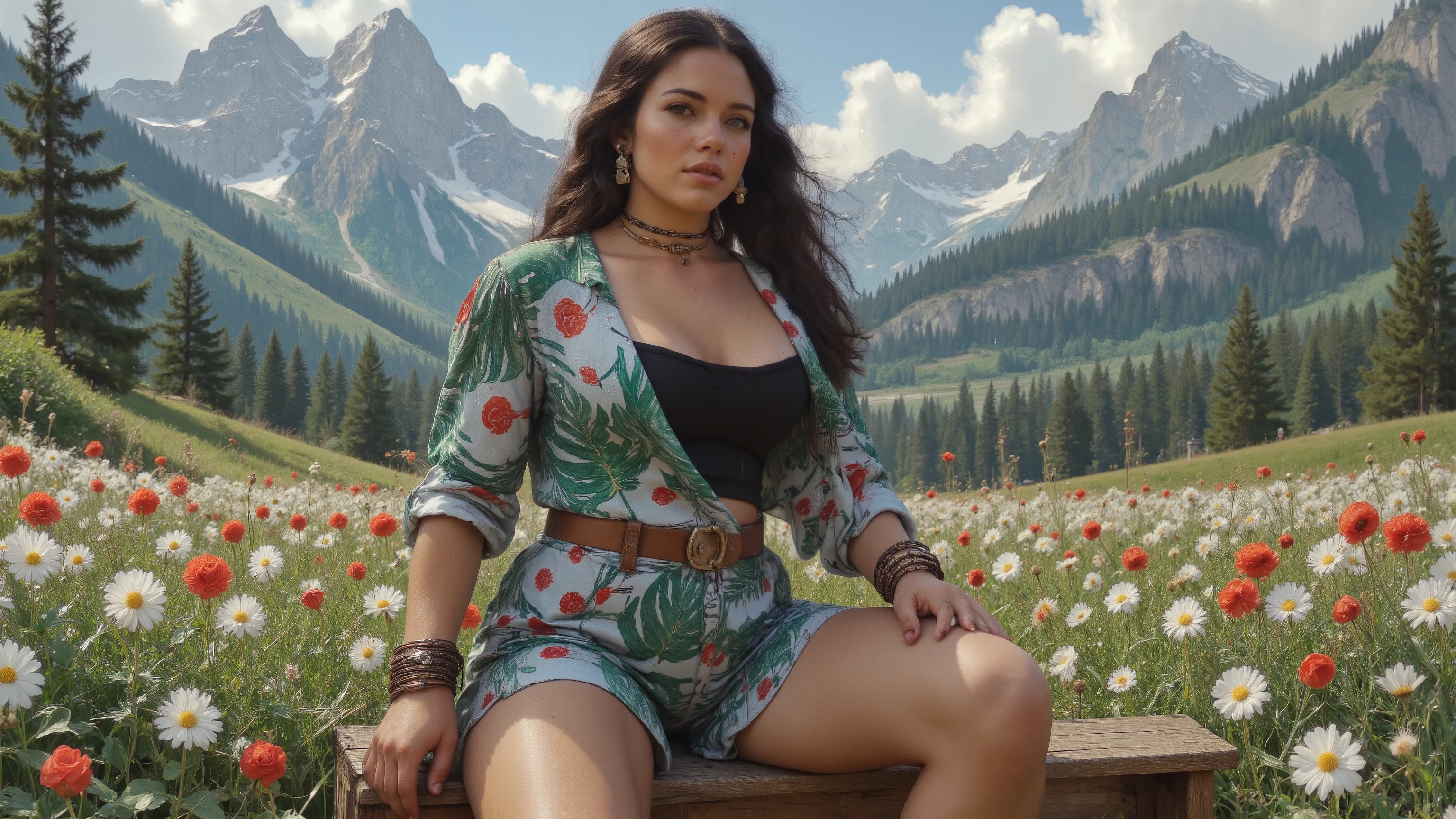 Full body photo, from head to toes, of a gorgeous young woman, muscular and voluptuous. She's posing on a flower field at the Alps. Her very long hair is beautifully styled. She has muscular thick thighs, wide hips, perky fit plump ass, slender waist, highly defined body features, highly defined muscles, (huge, swollen, milky breasts). She has extremely detailed realistic natural skin with skin pores, skin indentation, shiny skin, perfect skin, perfect face, perfect hands, perfect eyes, perfect feet, ultra detailed body, ultra detailed face and eyes, ultra detailed feet, desire, provocative, excitement. She wears a sexy spring themed full dresswear set - a mountain uniform, styled mountain footwear and rich intricate jewellery: a slave collar with a cowbell, bracelets, armlets, earrings and rings. It's a windy spring day. Painstaking attention for details. blue sky, nature, panorama, landscape, harsh sun and shadows, ray tracing, UHD, HDR, 16K, DSLR, photorealistic, masterpiece, award-winning.