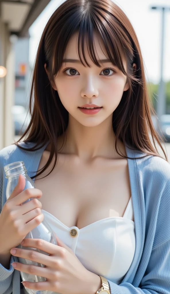 One Girl, (beautiful girl, Delicate girl:1.3), (14 years old:1.3),
break, (wet shirts,bow:1.3),
break, (Sitting in the supermarket:1.2),
break, Very beautiful eyes, (Symmetrical eyes,droppy big eyes:1.3),
break, medium breasts,cleavage,boobs,wet nipples, bare shoulders,Brown eyes, Parted bangs, Brown Hair, (Upper teeth, The best smile:1.0),
break, (Eye and facial details:1.0),
break, (masterpiece, Highest quality, Very detailed, Detailed face, 8k)