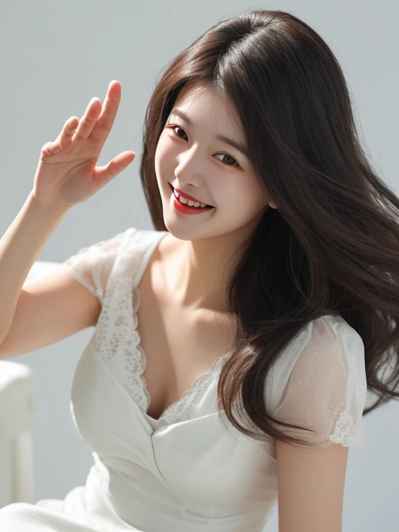 best quality，masterpiece，HD，Clear face，Black slightly curly long hair，Korean makeup，a Taiwanese beauty，Sing，White dress