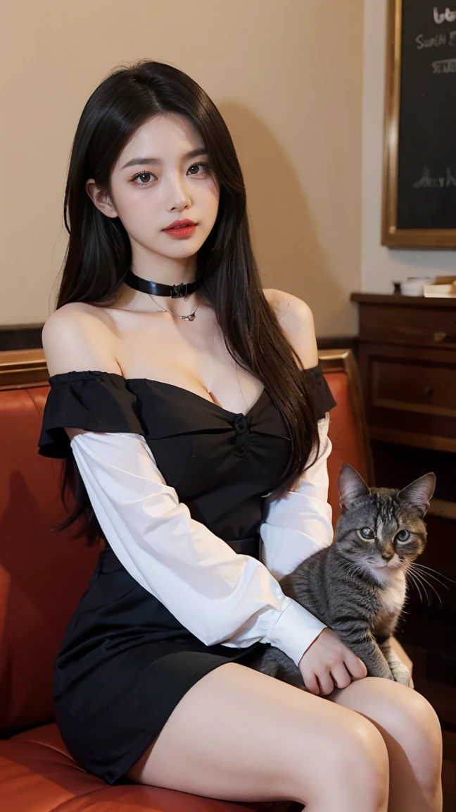 best qualtiy， tmasterpiece， ultra high resolution， （realisticlying：1.5）， RAW photogr， 1 cat， adolable， in the darkness nigth， deep shading， low tune， cold light， Sexy look,shoulder length straight bob hair,slim