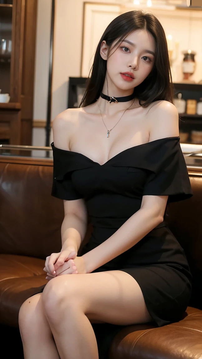 looking at the phone, woman, ((looking at the phone in the hand:1.5)), sitting at the sofa, looking at the phone, smile, wearing tight dress, dark romantic atmosphere