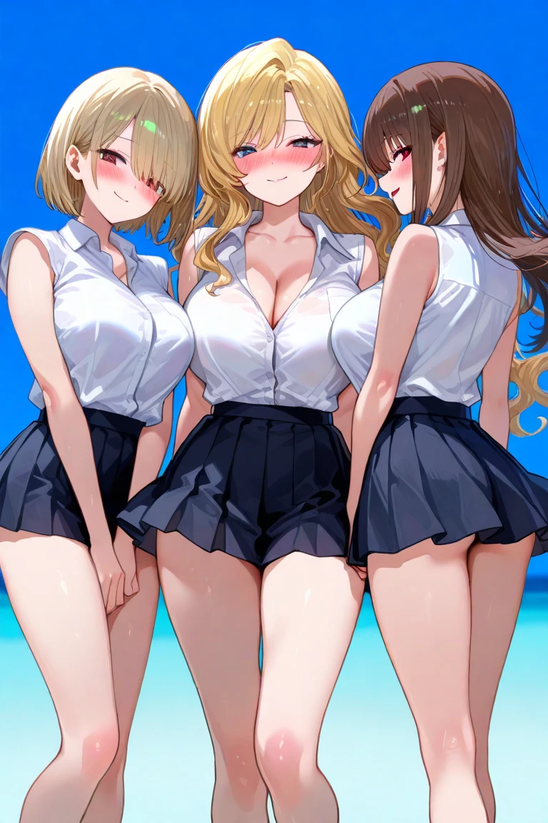 ((highest quality)), ((masterpiece)), (3 girls:1.3), cute three girls are posing for a camera outdoors in the water, (Lifting SHIRT),(The wind flips my skirt:1.3), Three people stand side by side, (Close-up shot from the waist up:1.5), (open your mouth and laugh:1.3), ray tracing, (bubble butt), bend over, hair band, headband, hair bobbles, blouse, shirt, (pastel micro bikini top), (high definition eyes:1.5), (high definition finger 1.5), light smile, realistic, knee socks, Asian, Westerner, silver hair, brown hair, blond hair, (navel), jewelry, looking at viewer, necklace, small breasts, long hair, short hair, (abs),