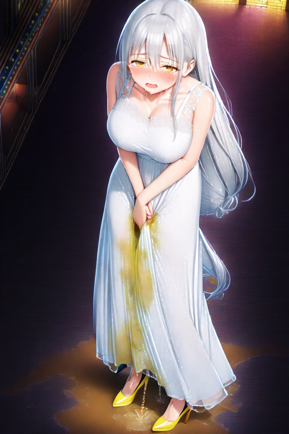 Anime. 1 Girl. Cute girl. Goddess. Goddess of dreams and dreams. Clumsy goddess. Silver-pearl hair. Long hair. Rainbow eyes. Beautiful eyes. Perfect eyes. Expressive eyes. Blind eyes. Blind. Ideal face. Ideal anatomical body. Beautiful long legs. Beautiful body. Beautiful nose. 20 years. Medium breasts. The chest is covered by the neckline of the dress. Beautiful character design. Shiny skin. Luxurious dress. Silk dress with a large neckline. Evening Dress. White dress. Hair ornaments. Pearl necklace. Earrings. No panties. Shoes. Cold. Nose. Nasal mucus. Snot. Handkerchief. Blow your nose into a nasal flap. Wipes his nose with a handkerchief. She wants to sneeze. She needs to sneeze. She has a strong, desperate urge to sneeze. She sneezes. She sneezes, covering her nose with her hands. She sneezes in
handkerchief. Hand on crotch. He squeezes his crotch tightly. Rubs the crotch. Legs together and feet apart. Urinary incontinence. She wants to pee. She needs to pee. She has a strong, desperate urge to pee. She peed herself. The girl can't stand straight. She peed herself while standing during a date at night. Middle Ages. Fantasy. City. Street. Night. Full moon. Snot flows from the nose. Date at night. Whole body. nsfw. Official art. Extremely detailed CG Unity 8k wallpaper. Ideal lighting. Ultra high resolution 4K. Super detailed 8K. A high resolution.