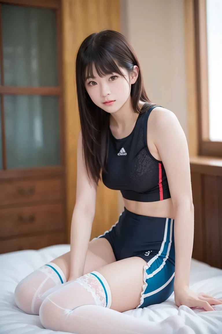 Close-up photo of a woman、The most beautiful Japan girls、(の女の子:1.5)、(10 years older、double eyelid、Droopy eyes、detailed、Beautiful Eyes、Cute eyes、bangs、Black Hair、short hair、(Volleyball Uniforms: 1.2)、(Shorts)、high waist、Super cute idol face、(younger sister:1.0)、thin、Small shoulders、thin腕、Flat Stomach、thin、(belly button、おbelly button)、Waistline、(Slim figure)、(Breast swelling:1.0)、(Underbust:1.5)、Beautiful breasts、valley、Glowing Chest、((足を開いてbedに横たわる:1.5))、Spread your legs、Spread your legs、To the tips of the feet、Bend your knees、Please show me the soles of your feet、socks、((whole body:1.5))、(whole body:1.5)、bed、pillow、(Hotel、Hotelの一室、ラブHotel)、(RAW Photos、最高quality、masterpiece、quality、Ultra-high resolution、Genuine、Tabletop、最高quality、8k、RAW Photos、Confused、Award-winning portraits、Digital SLR、Professional Lighting、Film Grain、chromatic aberration:1.0)、( Browsing Caution :1.3 )、
