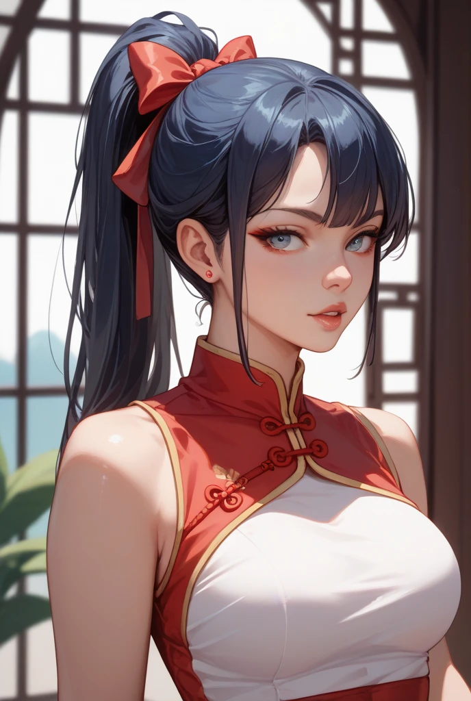 4K, A high resolution, Best quality at best, masterpiece, perfect colors, perfect shadow, perfect litthing, ((sportrait)), 1woman, fit-muscled body, bright yellow eyes,dark blue hair , blue eyes, With round lenses, The audience watched carefully, (s face: 1.2), Perfect female figure, ((standing)), ( beautiful red chinese qipao dress-clad woman stands in the half-light, her cleavage accentuated by the sharp focus of the camera. The modern red chinese qipao dress, adorned with intricate patterns), ((smile shy and looking at viewert)), (Perfect thick white eyebrows) Delicate fur, 详细s face, s the perfect face, chinese cyber punk background, cyber punk lighting atmosphere, ((Bonifasko lighting)), (The round lenses on his eyes)(詳細な目), Perfect student, face close up, small breast. face close up