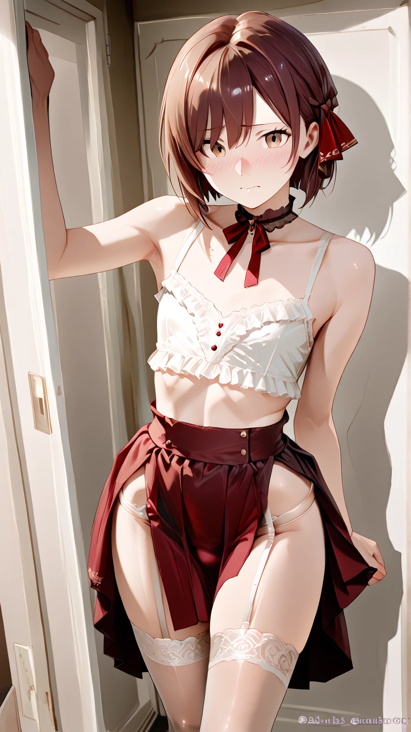 An anime girl with red hair and blue eyes wearing a skirt and an open shirt revealing a black and red bra