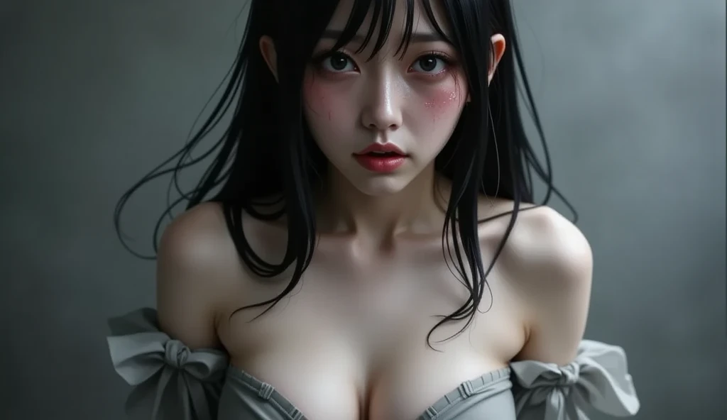 masterpiece, absurdres, hinata hyuga, 1girl, solo,mature female, off shoulder top, looking at viewer, (falling petals), perfect composition, detailed lips, big breast, beautiful face, body propotion, blush, (pink lips), long hair, purple eyes, soft gaze, super realistic, detailed, photoshoot, realistic face and body, detail body, detail finger, sexual expression, seductive expression,