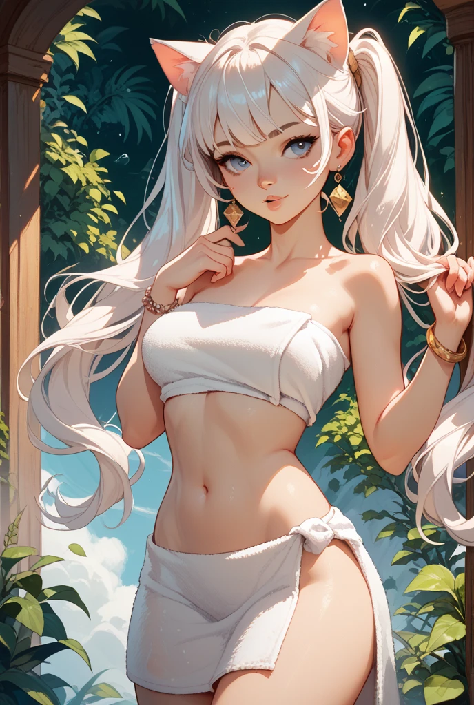 beautiful girl , Beautiful pink eyes , nice face , Long white hair with a straight front cut , soft skin , White bra , Small, round breasts , A short white skirt with a belt below the stomach , white pantyhose , Earrings , She wears a beautiful necklace , Bracelet on the right hand , Sitting on the floor , Exciting session , Opening her thighs a little , Show underwear