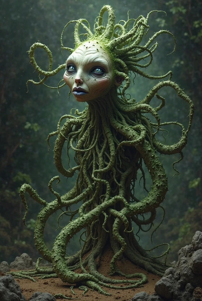 cute medusa with petrifying gaze made of ais-sproutz, intricate details, whimsical, magical, best quality, masterpiece <lora:Sprouting_Spring_SDXL:0.8>