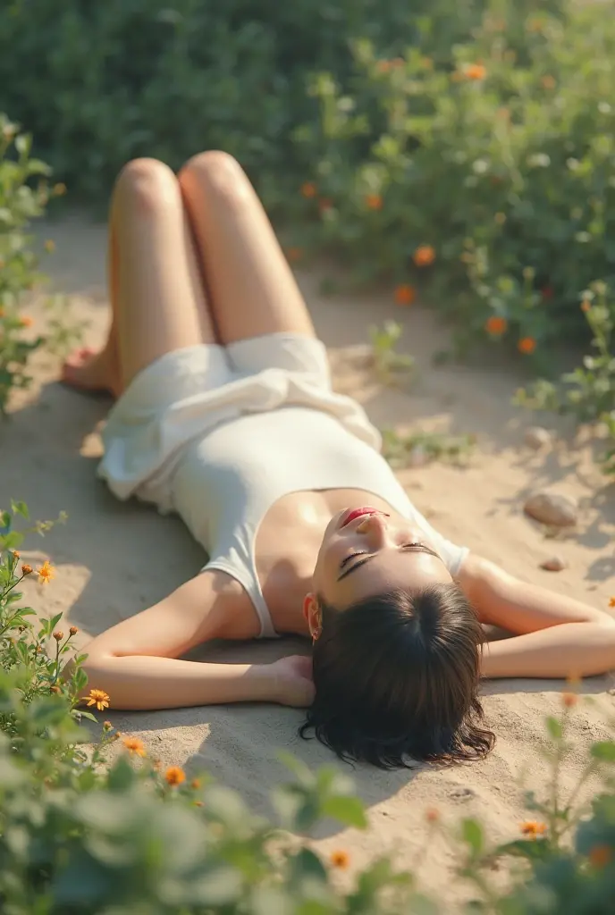 Kodak disposable photography of beautiful fashion model with orange dress, laying on orange flower bed