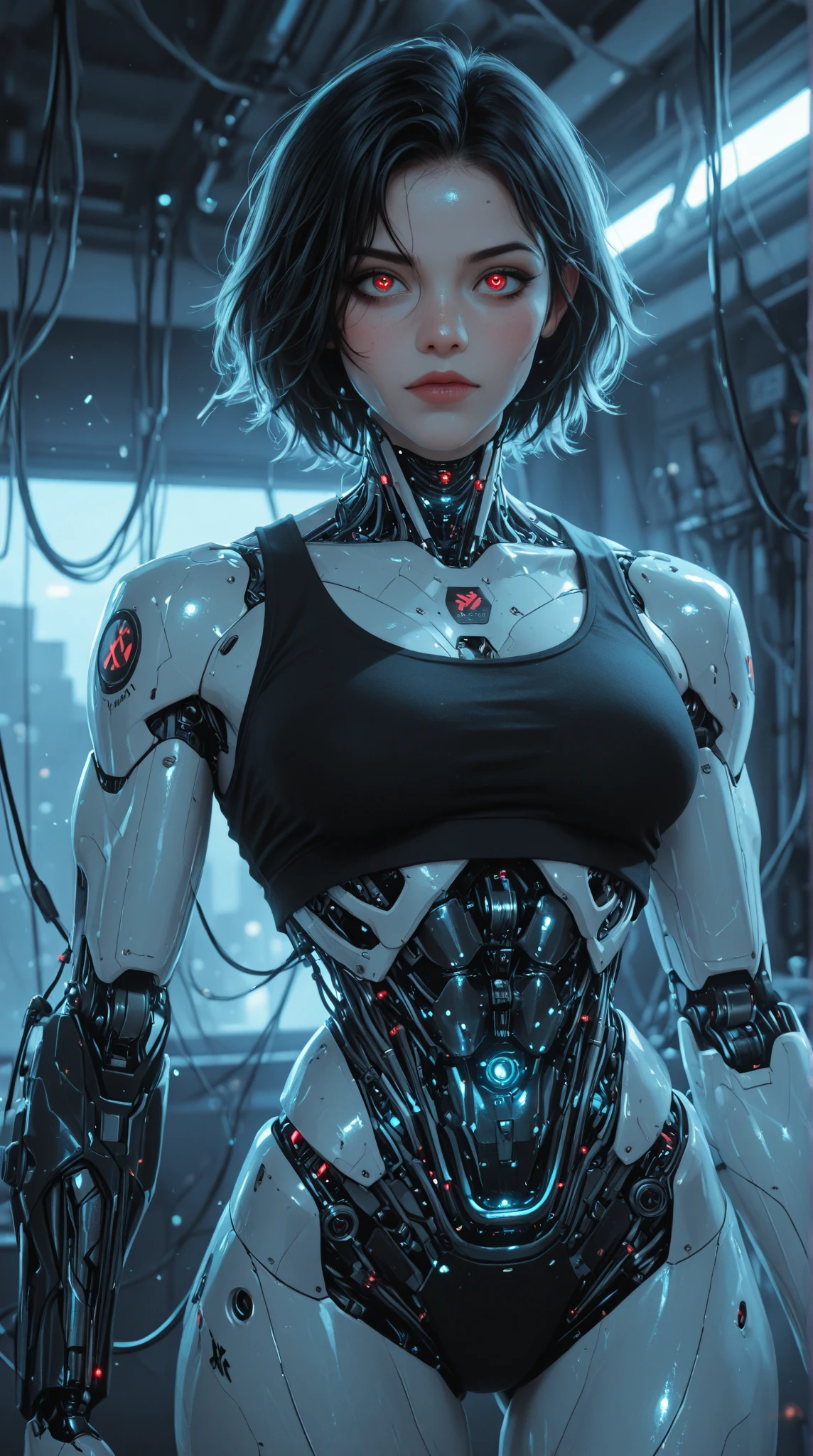 Young famele Cyborg,Intelligent Bionic Robot、Short-haired with black hair、The body of a delicate machine,huge fake breast,Cyborg Robot Parts、A young girl,Bare skeleton,cable electric wires、microchips、bright studio、hyperphotorealism、high-detail、intricate detailes、softlighting、Rim Lights、rendering by octane、Unreal Engine 5 Renders、Mechanical Public Enemy Style、8K、top-quality、​masterpiece、Low ISO、White Balance、high key lighting、Creates a soft and graceful feel with a shallow depth of field,超A high resolution,cyberpunked.Connected to a large number of cables,In the process of being made,