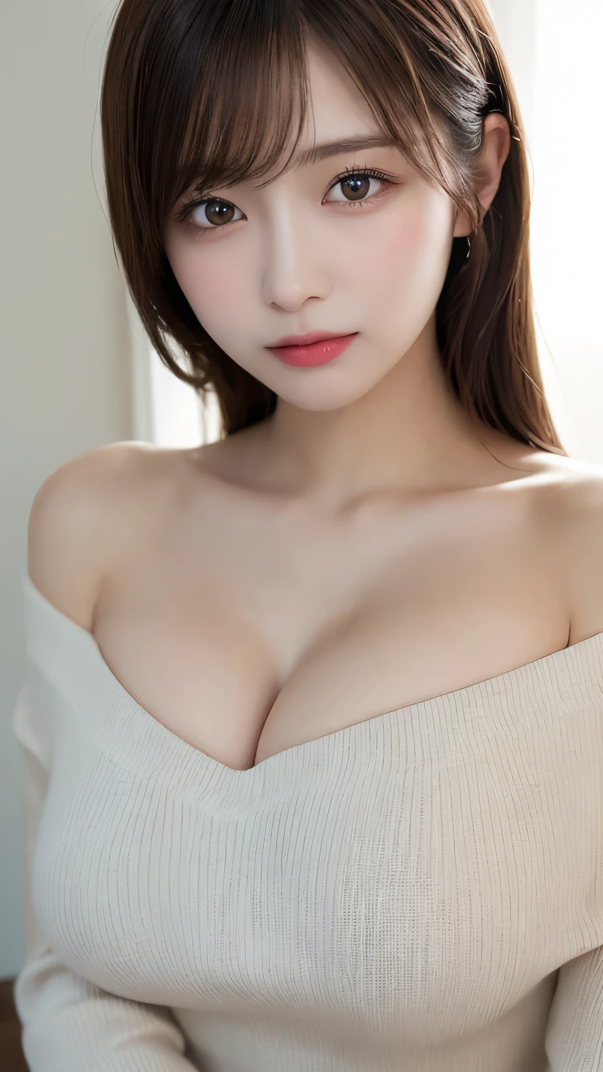 eyeshadows,Slender eyes,masutepiece, Best Quality, Photorealsitic, finely detail, hight resolution, 8K Wallpapers, Perfect dynamic composition, foco nítido, A hyper-realistic, Beautiful detailed eyes, Medium Hair, large full breasts, Random and sexy poses, Bring your chest together, (Beige Tight O Neck Knit Tank Top, wide open cleavage:1.4, High-cut panties), ((Breast bulge:1.2,(Emphasizes cleavage, Tank top with a clear view of the chest:1.3)), A smile, open open mouth, Resort scenery, 25-years old, (drooing eyes:1.4), Adult beauty, japanes, Simple Chain Necklace, large earring, Shooting from front