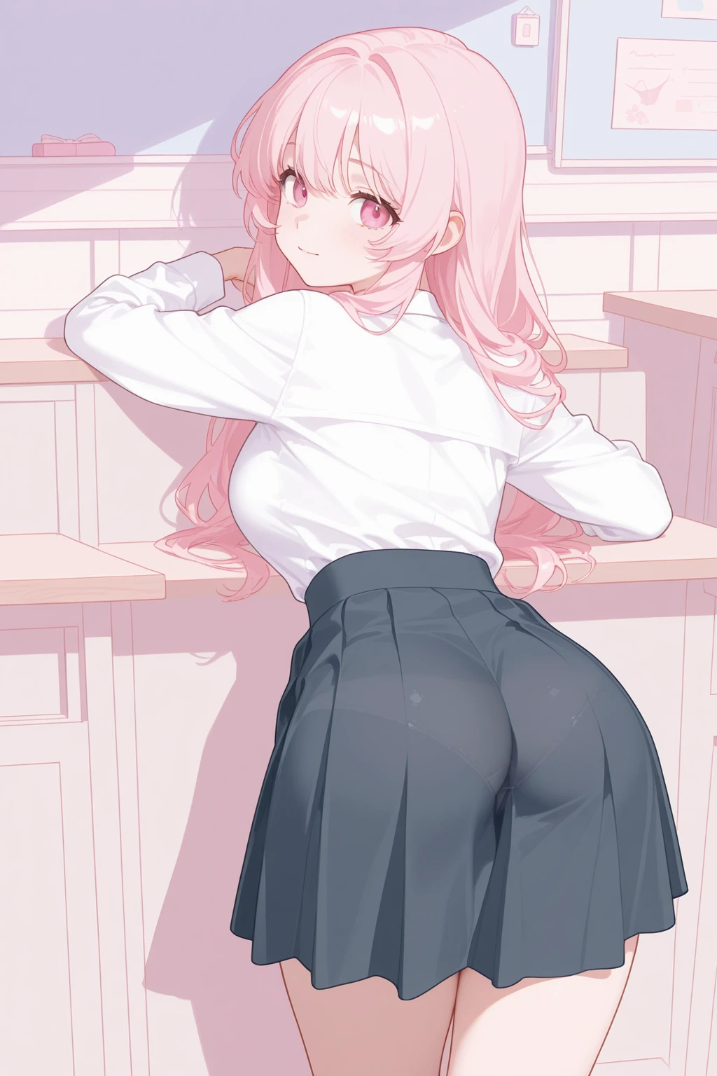 1 girl, standing backwards, totally naked, wearing only a tie and a pair of shoes, detailed genitalia, small and round ass, pink hair, blushed face, class room, in front of the board, puppy pose.