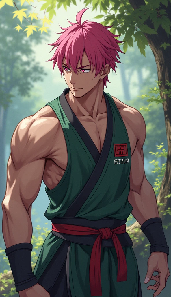 View of handsome Natsu Dragneel sowing rice seeds in a farmland of rice. His body is muscular and fit ripped, ((he is shirtless)) with muscular pecs and and. He is wearing a white cloth around his waist, white dirty gloves and a silver necklace. He is working hard in the field planting seeds . Side view of him planting rice seeds. He is working very hard and sweating profusely. The scene is of a rice farm with blue sky and bright sun visible. He has an expression of stress and his muscles are working hard as well. He has fiery pink hair just like Natsu Dragneel with a red tattoo on shoulder