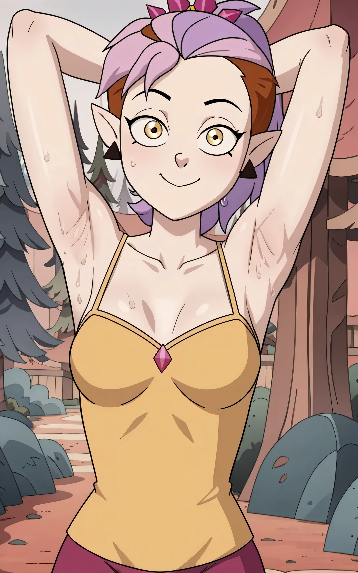 score_9, score_8_up, score_7_up, masterpiece, best quality, amazing quality, anime screencap, anime coloring, source_cartoon, source_anime, BREAK, 1girl, solo, the_owl_house, show_accurate, accurate_art_style, flat_color, flat_colors, vibrant, the_owl_house_show Amity_Blight, Adult_Amity_Blight, earrings, triangle_earring, multicolored_hair, purple_hair, pink_hair, brown_hair, ponytail, pointy_ears, pale_skin, yellow_eyes, (crimson tank top:1.1), spaghetti straps, bare shoulders, bare arms, armpits, arms behind head, head towards viewer, looking at viewer, smile, closed mouth, (light source in front:1.1), outdoors, forest, sweaty