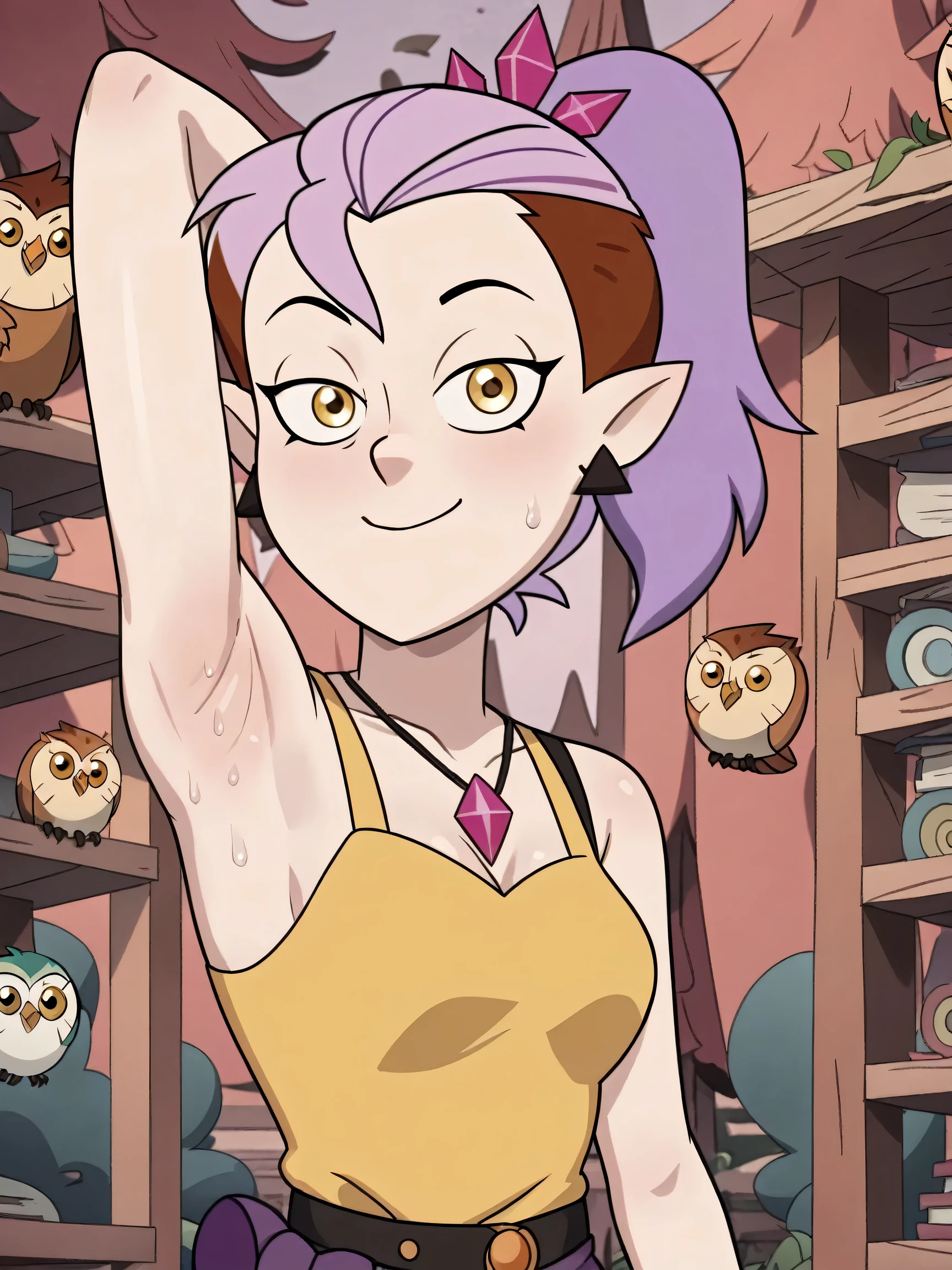 score_9, score_8_up, score_7_up, masterpiece, best quality, amazing quality, anime screencap, anime coloring, source_cartoon, source_anime, BREAK, 1girl, solo, the_owl_house, show_accurate, accurate_art_style, flat_color, flat_colors, vibrant, the_owl_house_show Amity_Blight, Adult_Amity_Blight, earrings, triangle_earring, multicolored_hair, purple_hair, pink_hair, brown_hair, ponytail, pointy_ears, pale_skin, yellow_eyes, (crimson tank top:1.1), spaghetti straps, bare shoulders, bare arms, armpit, armpit focus, arm behind head, head towards viewer, looking at viewer, smile, closed mouth, (light source in front:1.1), outdoors, forest, sweaty, from side, from below