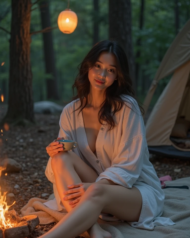 A woman sits naked in front of her tent,Large breasts are visible,Fan next to the tent,Campfire