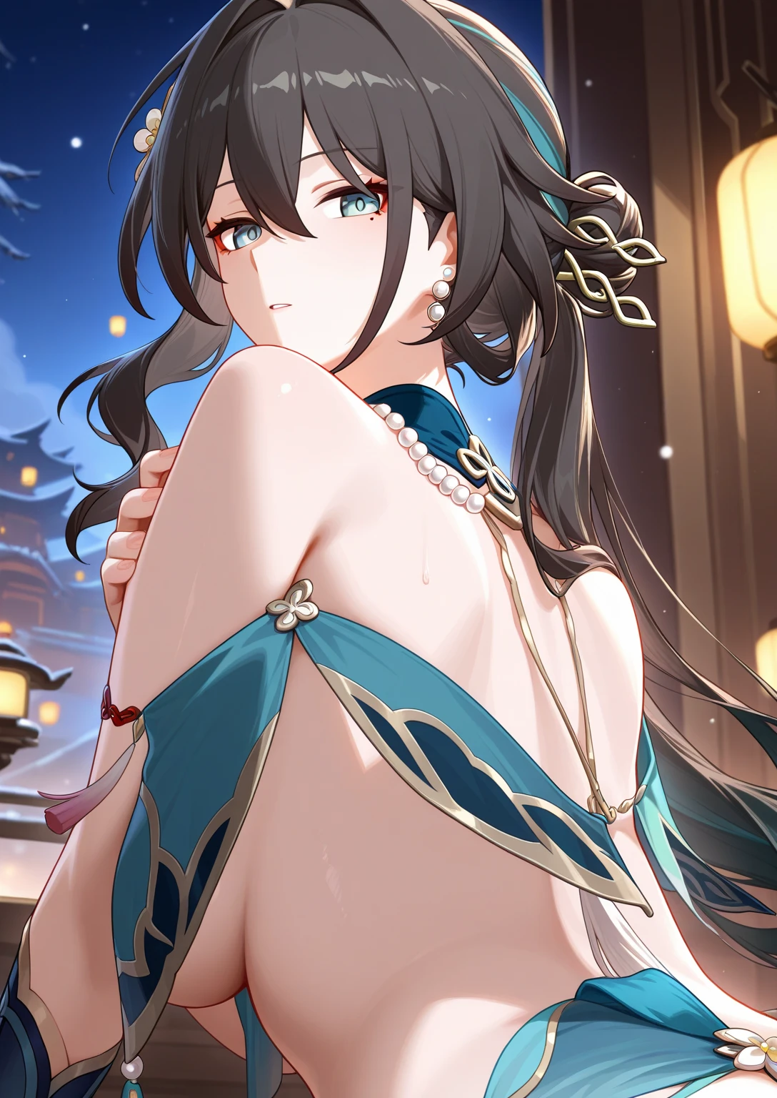 chinese bun black short hair,bun cover,_((dress lift Transparent see-through china dress)), long dress,tight mini skirt, gold decoration dress, sleeveless, ultra detailed dress,cleavage, cleavage cutout, clothing cutout,,((NSFW)) ((hentai))Long black hair ((Toddler girl)) ((5 years old))((Small breasts))((crop top navel))