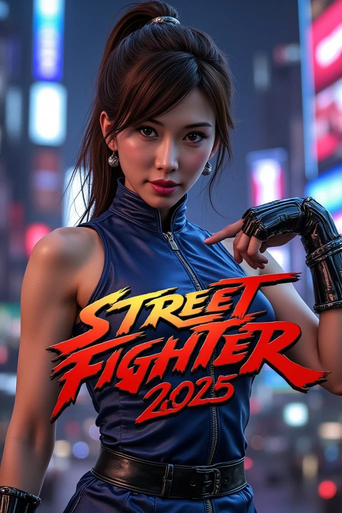 The image shows a woman with an intense expression wearing a light blue bikini top. The background appears to be a dimly lit, gritty urban setting, possibly an alley with industrial elements and some Chinese-style lanterns. The text "Street Fighter" is prominently displayed on the right side in bold, stylized font, resembling the logo from the popular video game franchise. The overall vibe suggests a cinematic or retro aesthetic with an action-oriented theme.