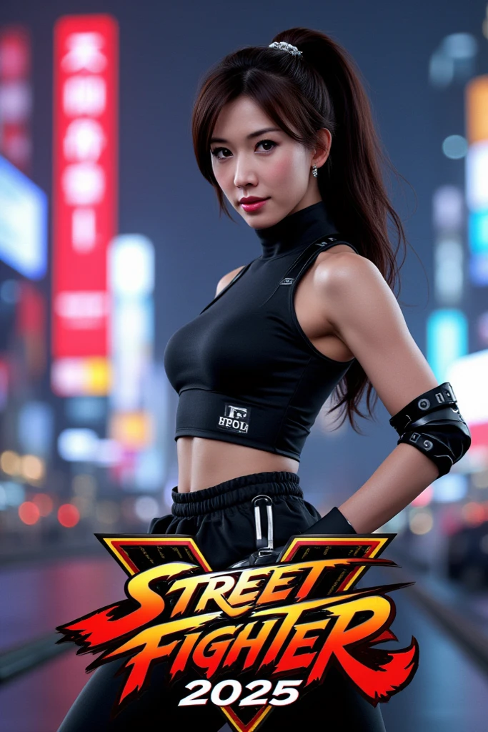 The image shows a woman with an intense expression wearing a light blue bikini top. The background appears to be a dimly lit, gritty urban setting, possibly an alley with industrial elements and some Chinese-style lanterns. The text "Street Fighter" is prominently displayed on the right side in bold, stylized font, resembling the logo from the popular video game franchise. The overall vibe suggests a cinematic or retro aesthetic with an action-oriented theme.