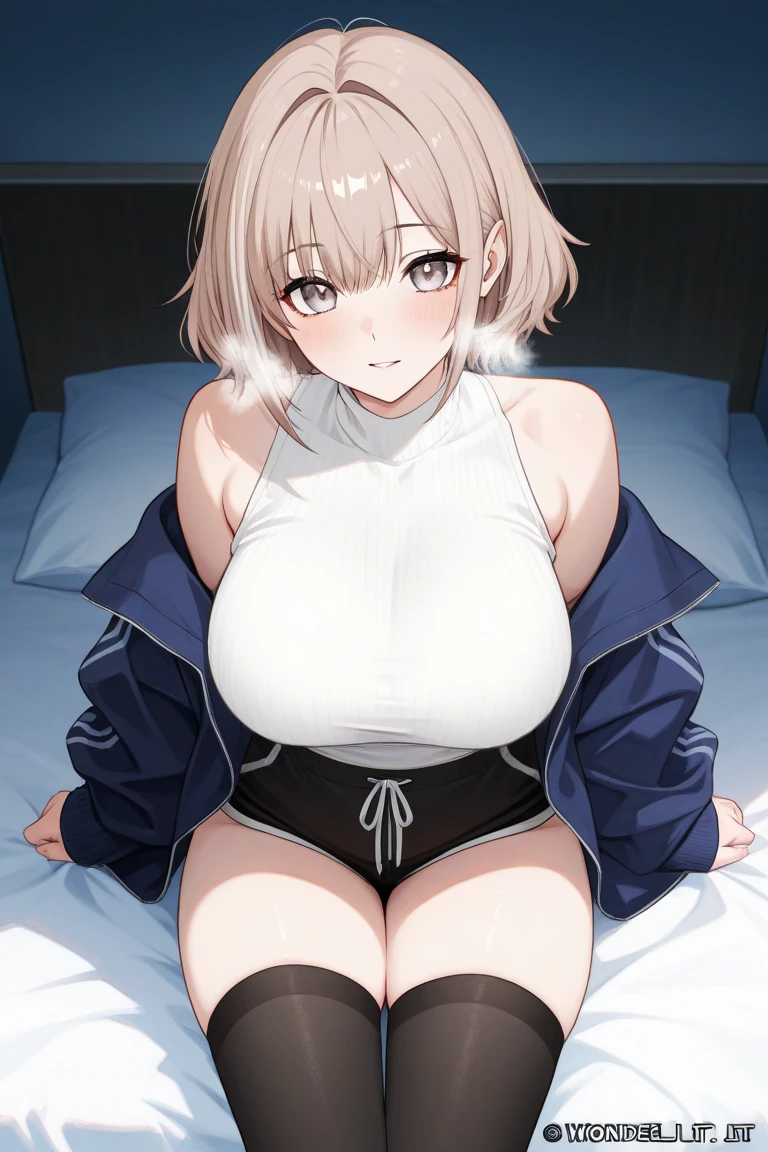 highest quality, 32k, Raw photo, incredibly Abdominal musclesurdres, Very detailed, Delicate texture, (Beautiful and beautiful eyes: 1.2), (overhead), Beautiful Face, One girl,White crop top, leather shorts, oversized leather jacket, Upper Body, Abdominal muscles,Sweat, Ahegao, Roll your eyes, blush, Drooling,body fluid,indoor, night, Sexy mole、Top view,Big Breasts