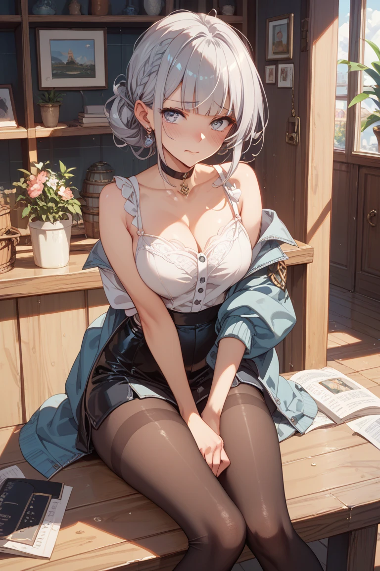 1girl,solo,cool,silver hair and short hair,shirt and skirt,barefoot,big breast,cleavage,squatting spread leg,in room,on the sofa,from the front