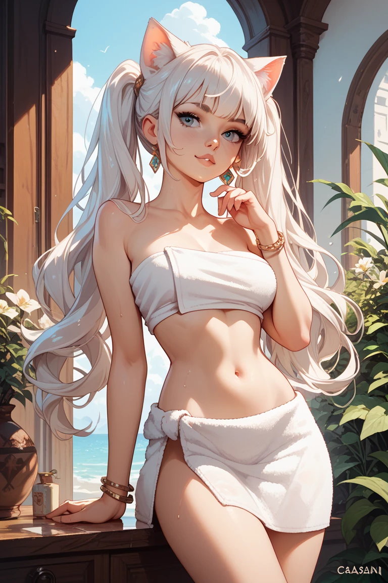 (lifelike, high - resolution:1.3), 1 girl with a perfect body,slender body, Super fine face and eyes,assasin, dark makeup, shiny skin,white hair, micro bikini,Expose cleavage, (grabbing own ass)