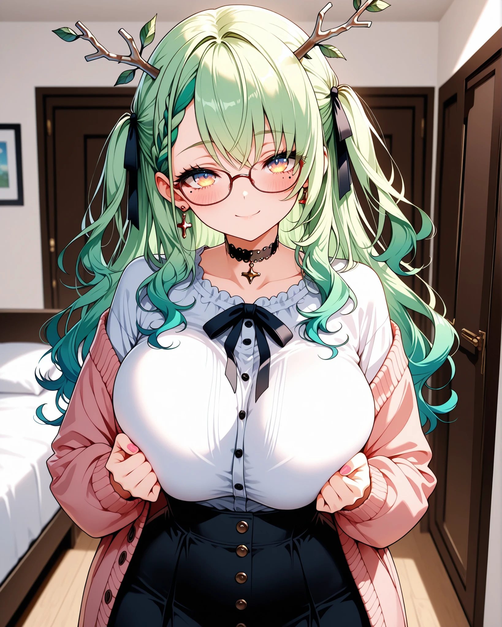2 heads, a tall chubby woman with two heads. In a cozy cabin. Wearing plaid flannel shirt. Cleavage. Wearing skirt. Thigh socks. Long turquoise hair. Slutty, nerdy, large circular glasses. Huge thighs. Sexy. Slim. Beauty mark. Happy, content. Smiling. Huge breasts.