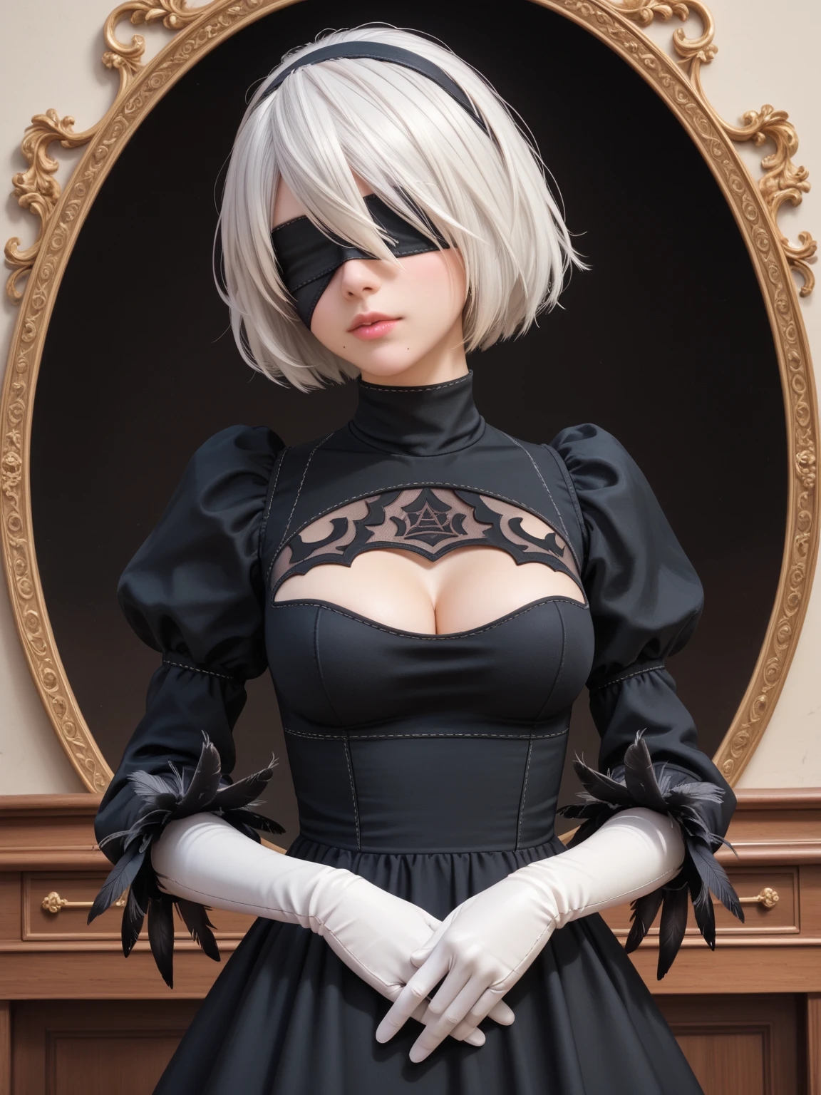 YoRHa2B, turning your back to the audience,masterpiece,turning heads, (realistic: 1. 4), best quality, beautiful lighting, 1girl, wlop, ((blindfold)), breasts, cleavage, cleavage cut, costume cut, hair between the eyes, hair band, highres, juliet sleeves, long sleeves, nier (series), nier automata, (puffy sleeves), red lips . face shadow, short hair, solo, high collar, upper body, white hair, sky , RAW photo, 8k uhd, film texture, architecture, building, shrubs, city, cityscape, clouds, cloudy sky, daytime, grass, outdoors, ruins, landscape, skyscraper, trees