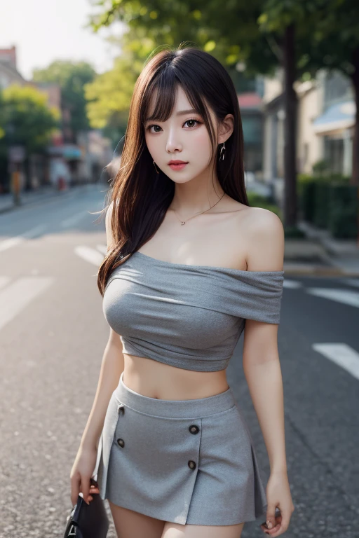 highest quality,Ultra-high resolution,One girl,alone,whole body,Huge breasts,City Mini Skirt,, Blue Hair,Green Eyes,JK,,