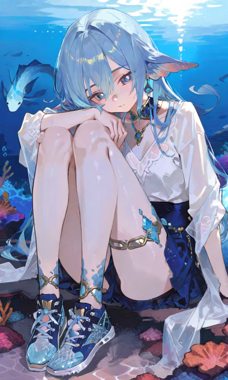 1 girl,(Poor milk),(Long curly blue hair),(Aqua blue eyes),mesmerizing eyes,best facial description,(Having erect hair on the head),(Hair decorated with seashells),(Wearing a blue slip dress),(There is a blue collar around the neck),(Aqua blue gemstone bracelet on hand),Aqua blue fish tail,beachside,There are shells in the sea,There are colorful fish in the sea,There are colorful corals in the sea,(There are bubbles in the sea),best illuminate,((In Water)),(swim pose),full body close-up shot,Illustration style,highest quality,4k wallpaper,