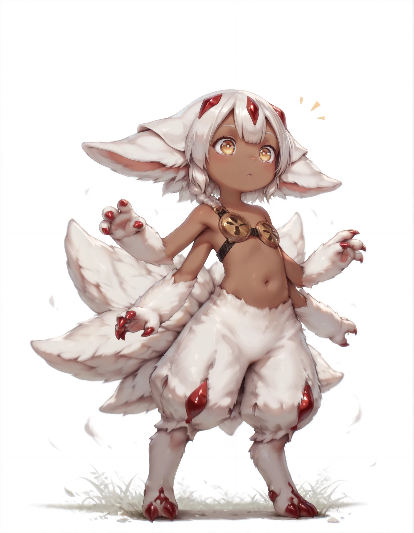 masterpiece, best quality, very aesthetic, 1girl, solo, pers0n4l4ami, pers0n4l4mi,,  faputa, dark-skinned girl, animal ears, extra arms, red claws, multiple tails, white black, mtlb1a, safe, (young:1.5), body, 