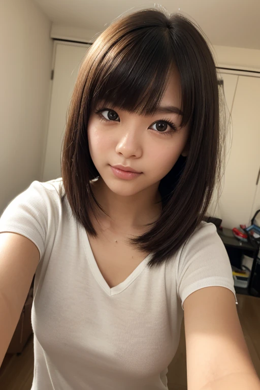 (Lift up your white shirt to reveal your chest:1.4)beautiful２０1 year old woman, , (reality: 1.4), Smartphone image quality, Japanese, Asian Beauty,Double Eyes、 46 point diagonal bangs , beautiful肌、Medium chest、(Selfie:1.2),On the bed、(nsfw:1.4)、Put your chest close、Boyish Short Hair、Slightly blurry image quality、