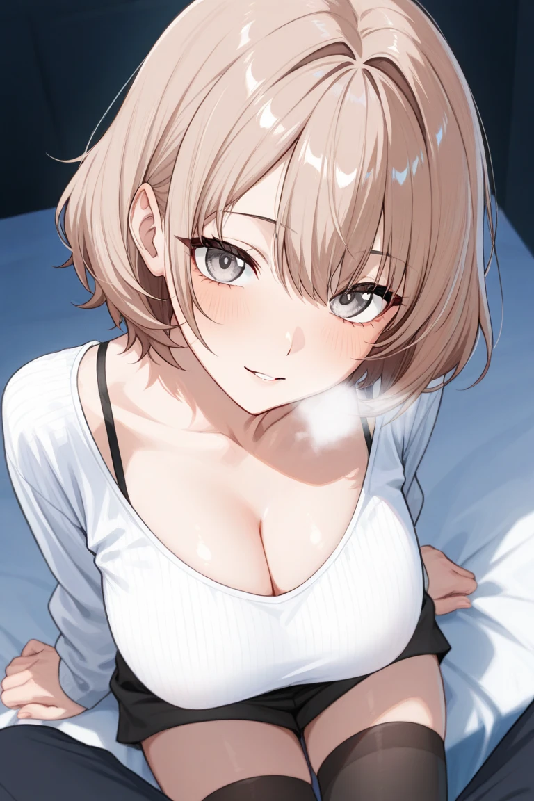 (masterpiece:1.3), (8K, Photorealsitic, Raw photography, Top image quality: 1.4), Japan high school girls nude、(Random hairstyles:1.2)、cleavage of the breast:1.2、Super Detail Face、Eye of Detail、double eyelid、Bring your chest together、sharp focus:1.2、prety woman:1.4、light brown hair、top-quality、masterpiece、超A high resolution、(Photorealsitic:1.4)、Highly detailed and professional lighting smile、Loose and light knitwear、Shoulder out、slender、serious facial expression、short-haired、Fatal position, nude