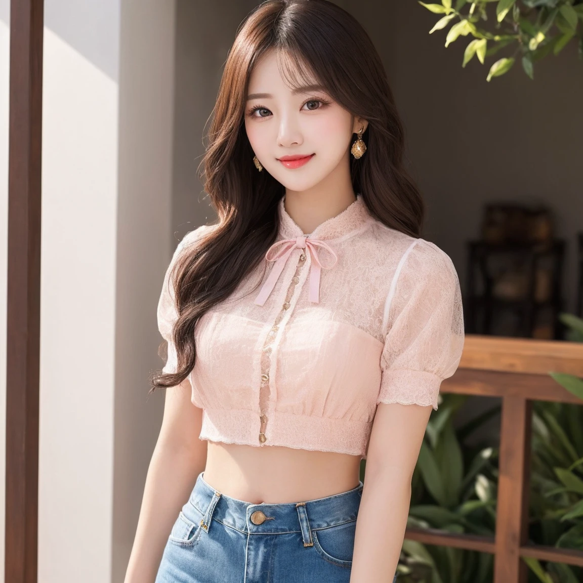 (masterpiece,highest quality,8k Raw Photo:1.5,Proper contrast,Depth of written boundary)、Beautiful woman with attractive Japan,Outstanding style、Full body photo、Delicate and sexy collarbone,Attractive oval face,double eyelid,Bright eyes:1.5,Pink Lips,Small Nose,(Smiling Kindly)、Face close-up,Eye highlights,Arranged Hair、Ultra-high resolution:1.5,Super detailed,Elegant standing posture、shirt(Square neck:1.2,Puff sleeves:1.2,Slim Shorts:1.37),Pair it with high-waisted, light-colored jeans.、