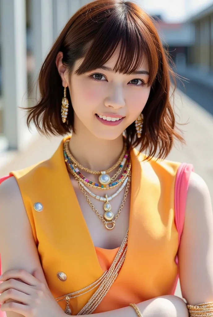 (Highest quality, 8K, 32k, masterpiece, Ultra-high resolution:1.2),Beautiful Japanese Women Photos, Rainbow clothes、Rainbow hoodie、Large Breasts, Very short bob hair,Red hair, necklace, Simple Background, From above, View your viewers,Red Hair、White background、