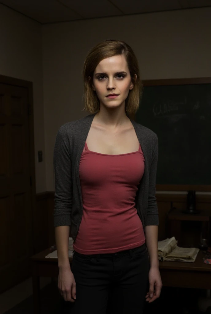 Emma Watson (wearing:1.6 pink shirt unbuttoned, blue jeans pants, sports shoes), holding a wand in her hand, frightened face expressions, inside dark forest at night, high budget lighting, intricate detailing, HDR, hyper realistic