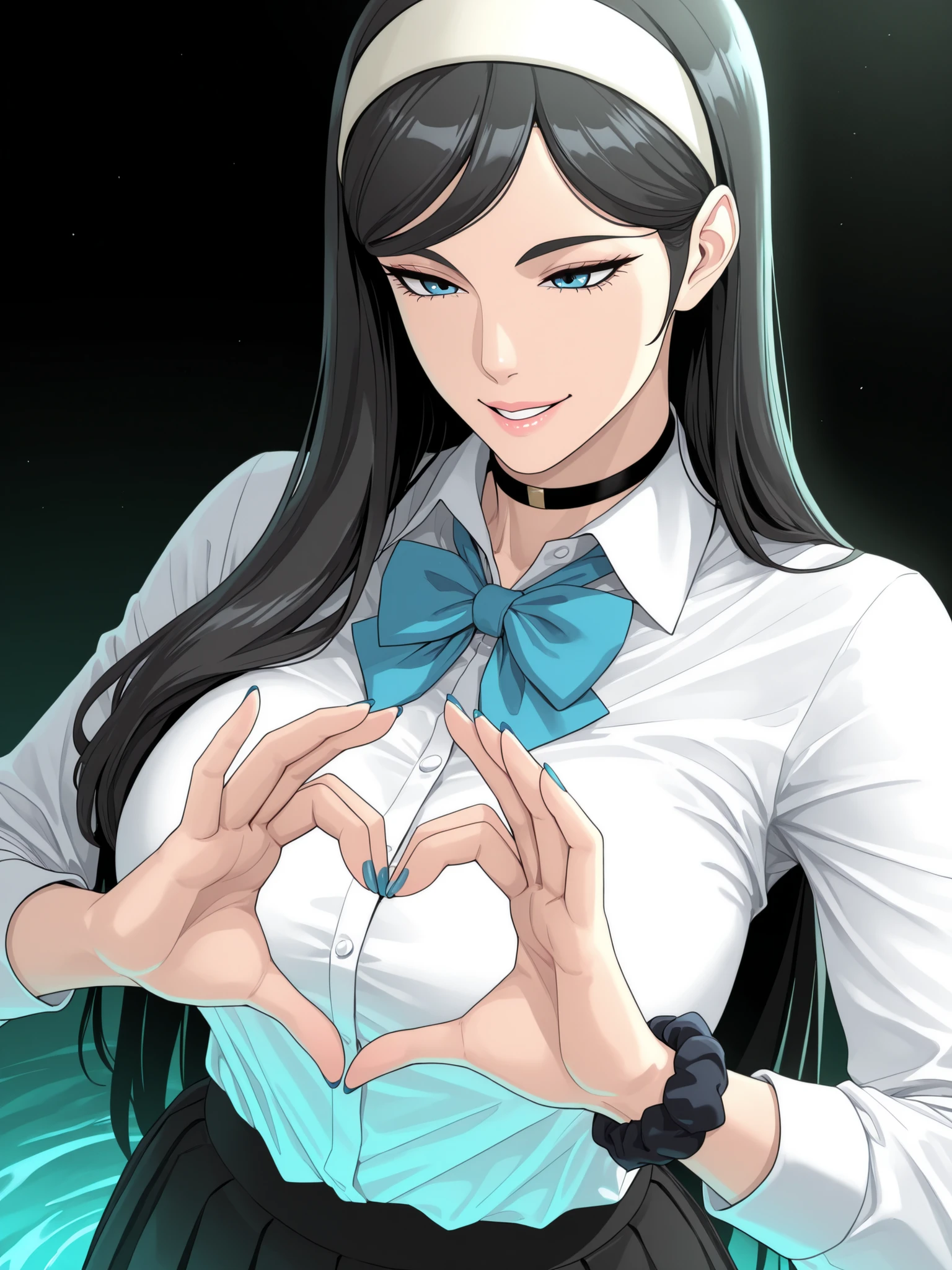 sleeveless,armpits,1 girl, solo, Kumashiro Maya , black hair, parted bungs, headband, long hair, chest, make eye contact, , smile, bungs, blue eyes, skirt for ears, large chest, simple background, shirt, long sleeve, white background, bow, ribbon, chest元, very long hair, uniform, white shirt, heart, pleated skirt for ears, teeth, choker, collared shirt, bowtie, black skirt for ears, nail polish, green, dress shirt, black choker, blue bow, scrunchie, blue nails, blue bowtie, shirt tucked in, heart hands, wristband, Highest Quality,masterpiece,Great Quality,very aesthetic,high resolution,ultra detail shot from an angle,,depth of field in shallow water,volume lighting ,Very Detailed,Highest Quality,8k,Highest Quality, very aesthetic, ultra detail shot from an angle, newest,in their 40s, depth of field in shallow water, masterpiece, Great Quality, high resolution, Absard Dress, newest,older sister, manga ,dbl,villain, nude_ to thigh, black_background, simple_background, mature_female