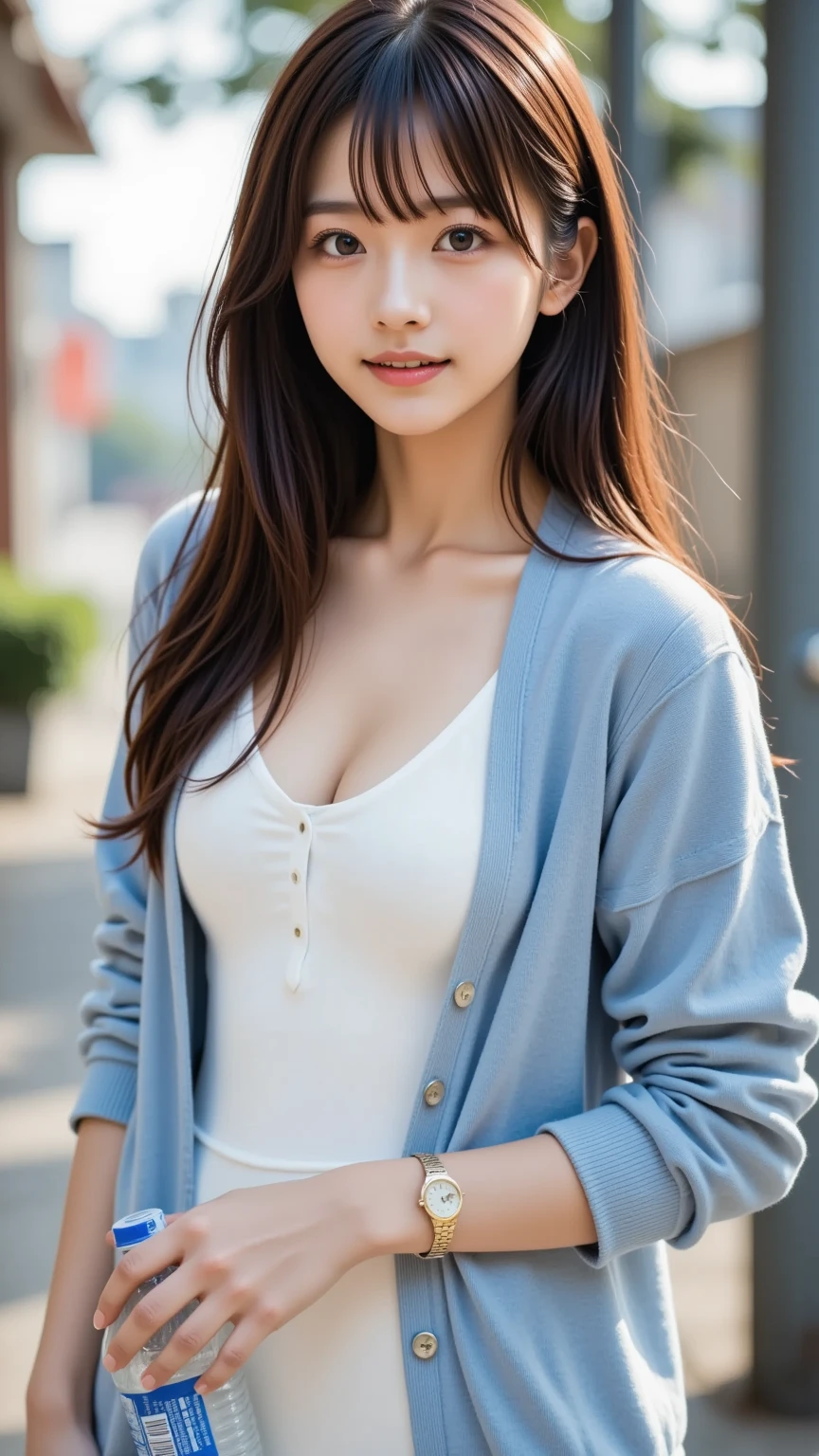 (masterpiece, best quality:1.1), (8k, raw photo, photo realistic:1.2, f22), (shiny skin),japanese,detailed skin,long hair,ribbon,detailed face, detailed eyes,smile,BREAK, real world, intricate details, smil, BREAK, 1girl, full body,(ショートスリーブ,crochet knit,sandal,purple),BREAK ,(朝:1.4)
