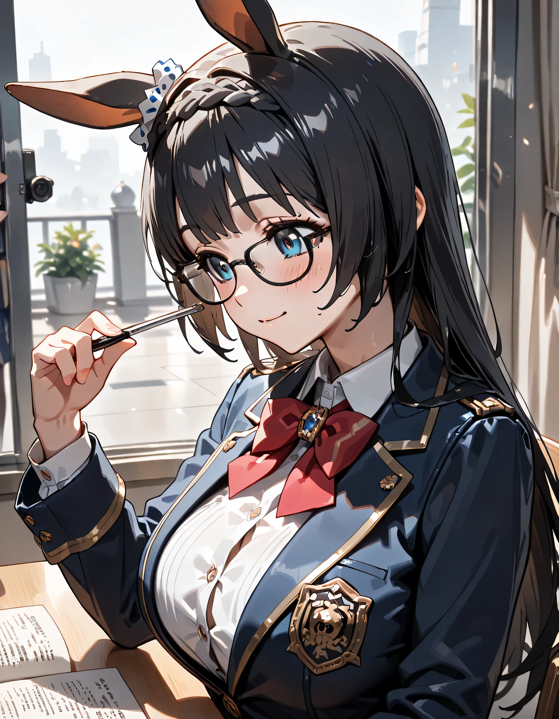 ((ultra-detailed)), (highly detailed CG illustration), (best quality:1.2), ultra-highly detailed, colorful composition, artistic photoshoot, 1girl, solo focus, (upper body:1.4), moe anime character, girl, dainty facial structure, baby face, round face, rounded chin:1.2, ideal ratio body proportions, Zenno Rob Roy, (umamusume), ample breast, Zenno, glasses, black-rimmed glasses, dark hair, blue eyes, horse ears, horse girl, brai, school uniform, navy blue blazer, modern style with fitted jacket, red neck bow, long sleeves white frilled shirt, navy blue pleated skirt, smile:1.3, happy:1.3, joyful:1.3, sit on the cafe terrace:1.3, reading a novel:1.3, from side, dynamic pose, contrapposto pose, best quality, masterpiece, expecting, pink cheek, blush, light pink gloss slip, portrait, depth of field, poured sunlight, sidelighting, shine, lighting, caustics, ray tracing, perfect face, lustrous skin, highly detailed face, highly detailed eyes, perfect face, perfect nose, perfect hair, perfect eyes, perfect anatomy, beautiful hair, beautiful small face, extremely detailed face, beautiful detailed eyes, beautiful clavicle, beautiful body, beautiful huge breasts, leavage, breasts squeezed together, equalize the size of the left and right breasts, beautiful thin thighs, beautiful legs, beautiful fingers, 4 fingers, 1 thumb, lovely, (very detailed background:1.0), (highly detailed background:1.0), intricate details, joyful atmosphere, colorful and sparkling colors palette, chromatic aberration