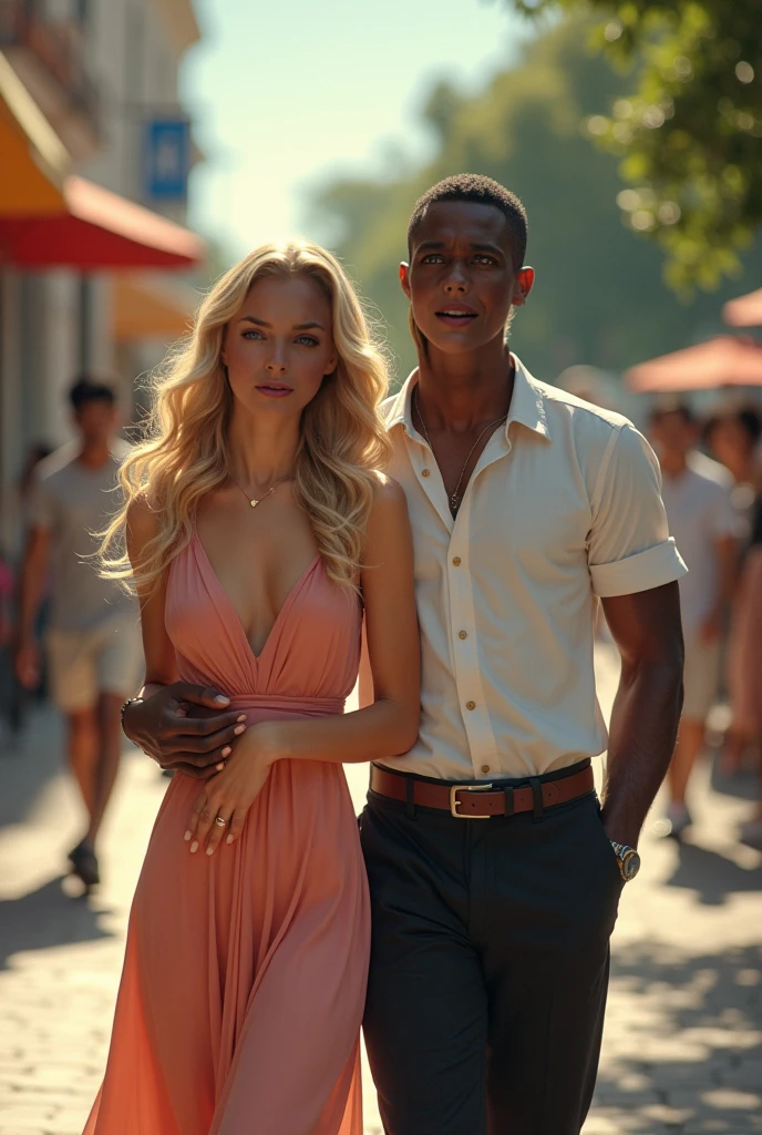 man 2.40 meters, robust, muscular, serious countenance, Lost look, in a lonely alley, Whole body, clenched jaw, Light hair, frown, big jaw, Hollow eyes, standing next to a pretty girl 1.50 meters dressed in a short, low-cut summer dress with a crazy face and crazy smile